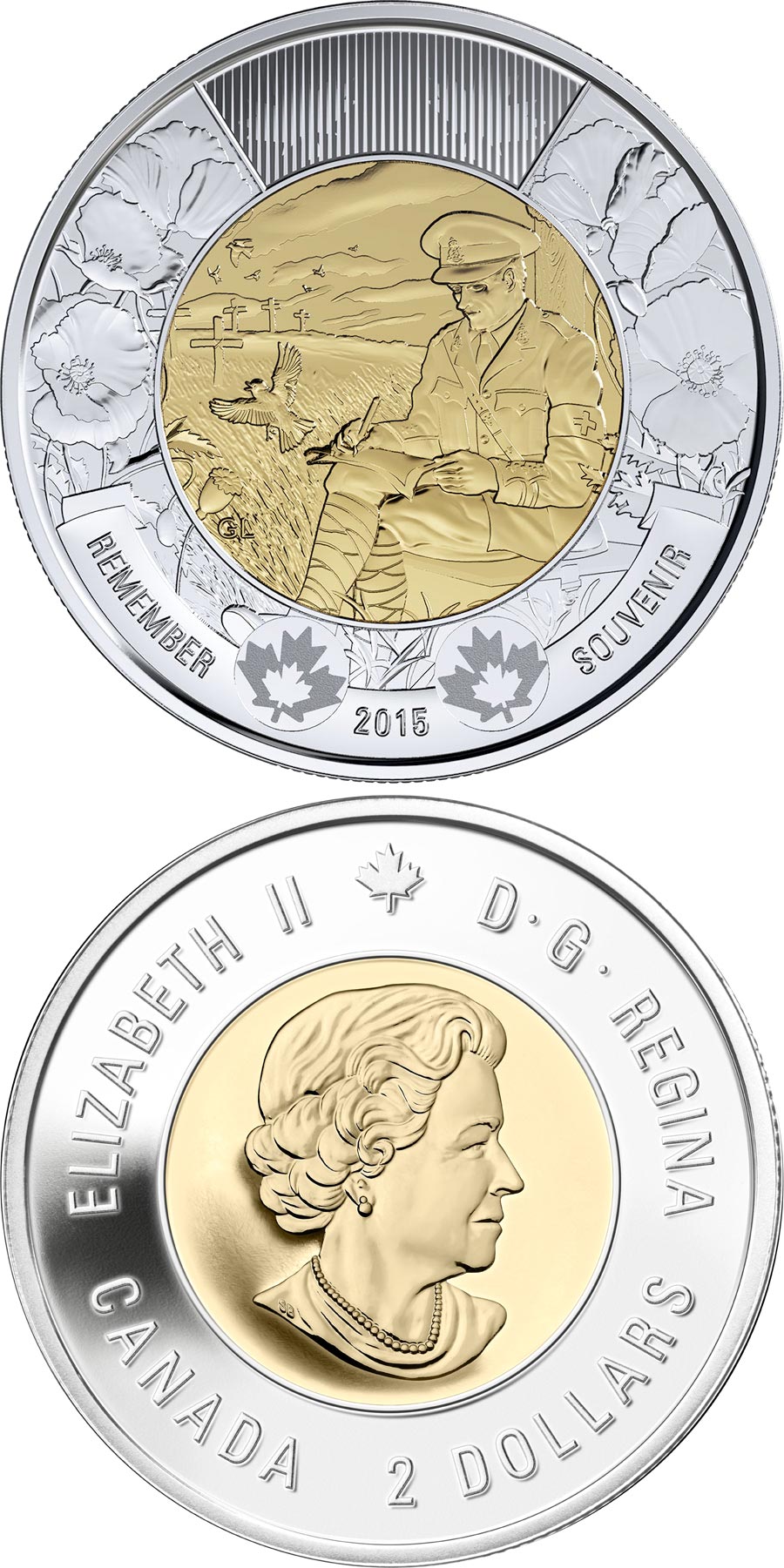 Image of 2 dollars coin - 100th anniversary of the In Flanders Fields poem | Canada 2015.  The Bimetal: CuNi, nordic gold coin is of UNC quality.