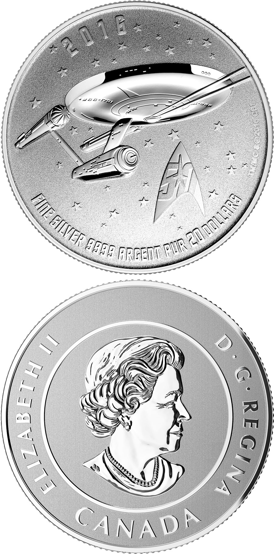 Image of 20 dollars coin - Star Trek Enterprise | Canada 2016.  The Silver coin is of BU quality.
