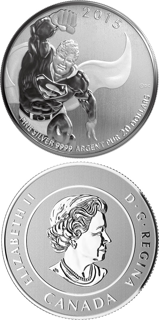 Image of 20 dollars coin - Superman | Canada 2015.  The Silver coin is of BU quality.