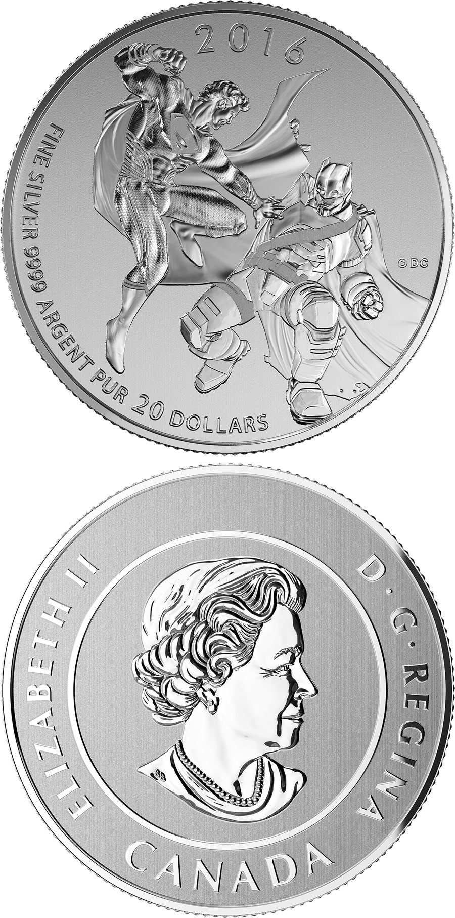 Image of 20 dollars coin - Batman v Superman: Dawn of Justice | Canada 2016.  The Silver coin is of BU quality.