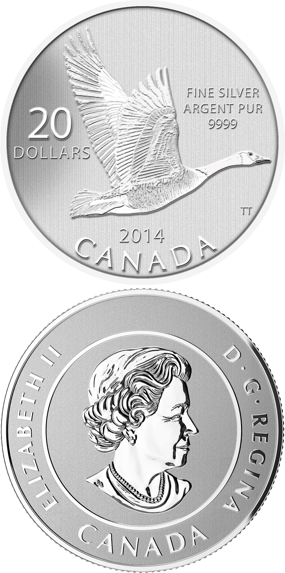 Image of 20 dollars coin - Canada Goose | Canada 2014.  The Silver coin is of BU quality.