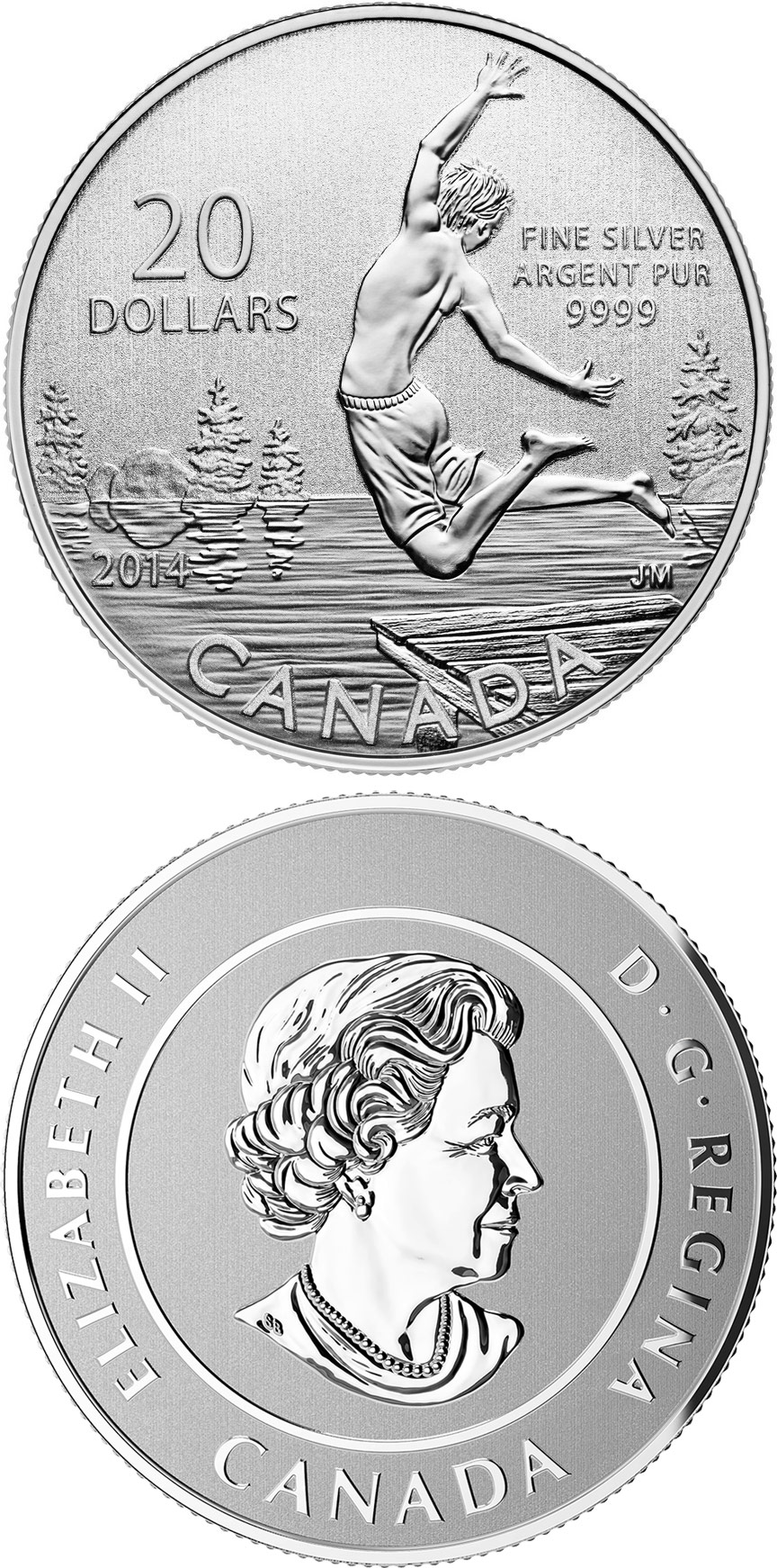 Image of 20 dollars coin - Summertime | Canada 2014.  The Silver coin is of BU quality.