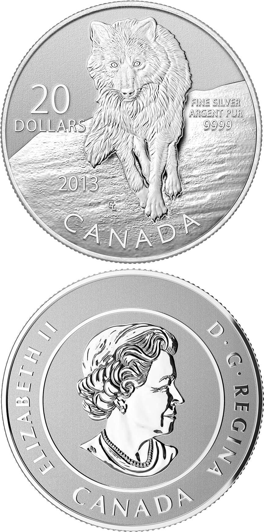Image of 20 dollars coin - Wolf | Canada 2013.  The Silver coin is of BU quality.