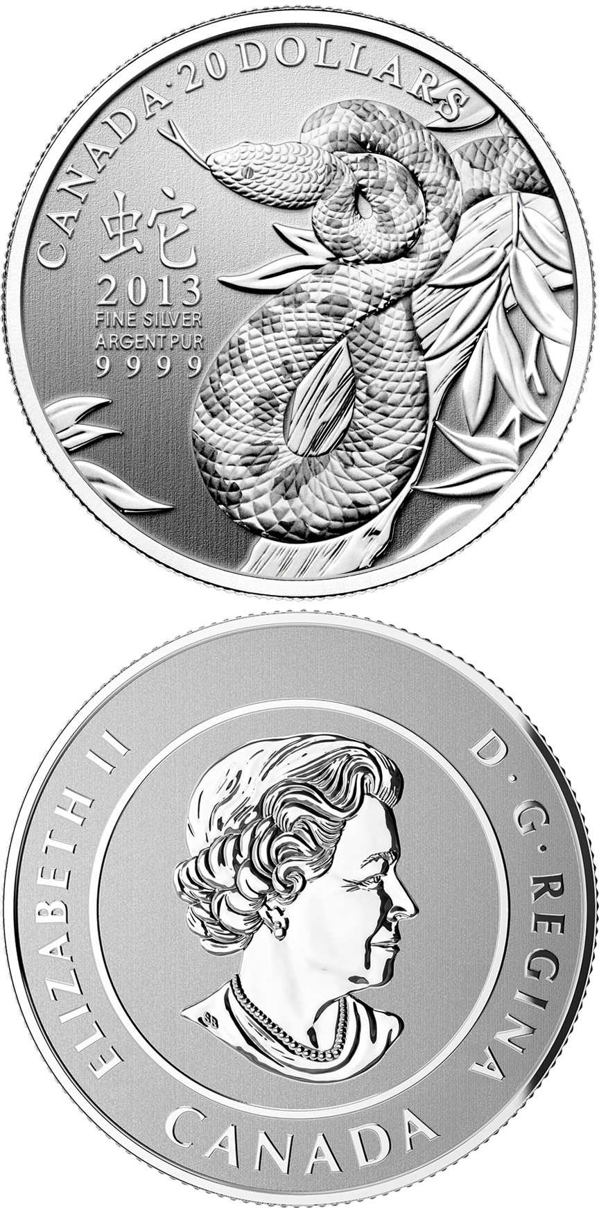 Image of 20 dollars coin - Year of the Snake  | Canada 2013.  The Silver coin is of BU quality.