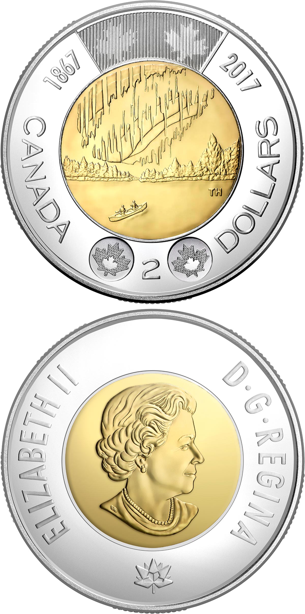 Image of 2 dollars coin - 150th anniversary of the Confederation of Canada | Canada 2017.  The Bimetal: CuNi, nordic gold coin is of UNC quality.