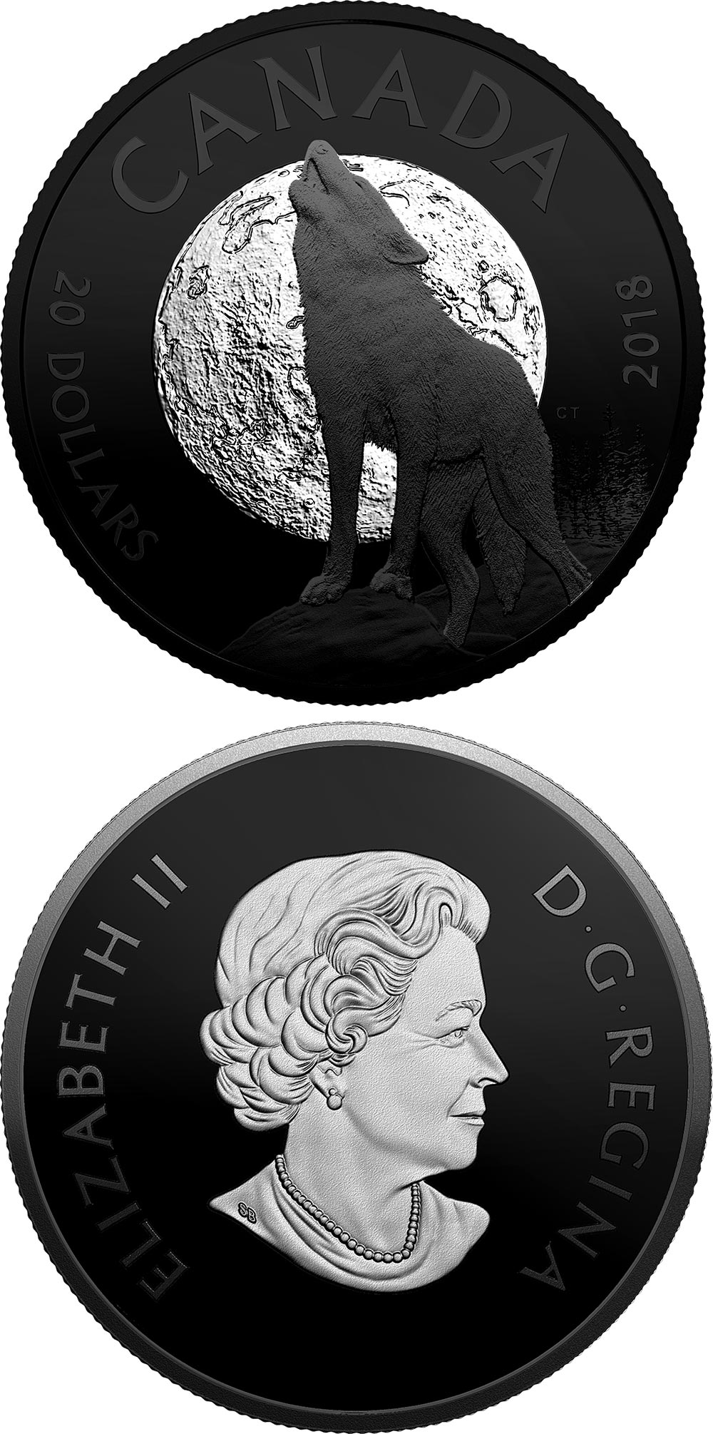 Image of 20 dollars coin - The Howling Wolf | Canada 2018.  The Silver coin is of proof-like quality.