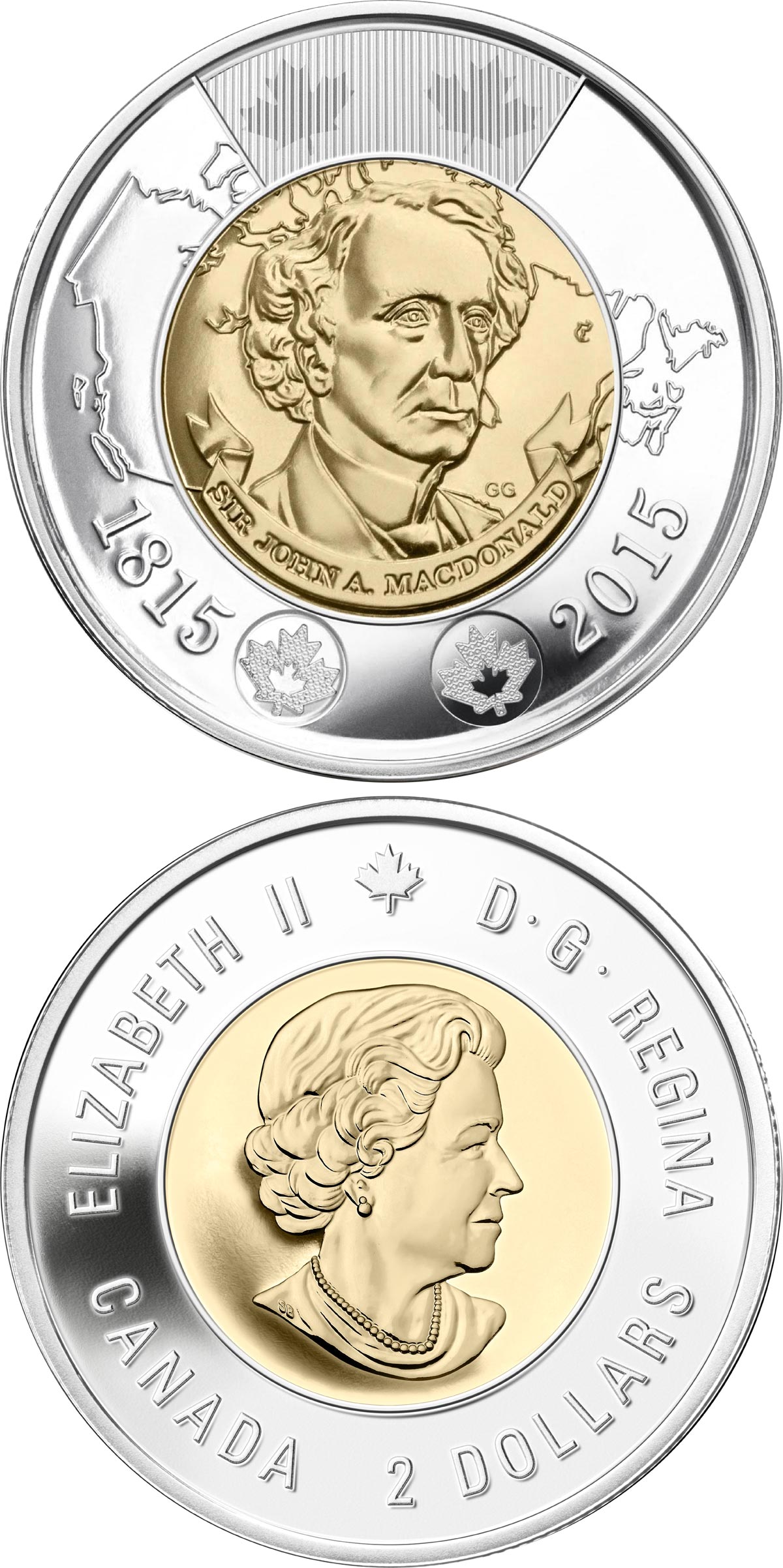 Image of 2 dollars coin - 200th anniversary of the birth of Sir John A. Macdonald | Canada 2015.  The Bimetal: CuNi, nordic gold coin is of UNC quality.
