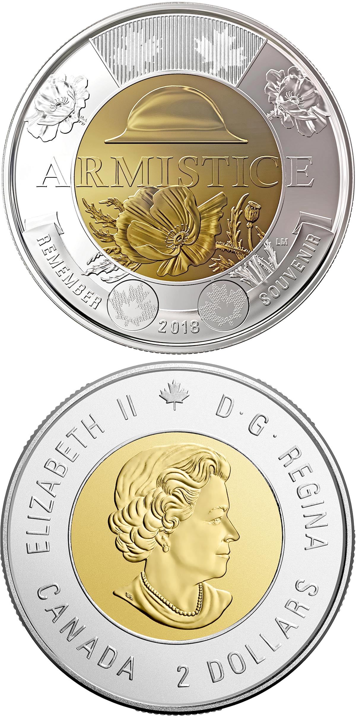 Image of 2 dollars coin - 100th anniversary of the Armistice of 1918 | Canada 2018.  The Bimetal: CuNi, nordic gold coin is of UNC quality.