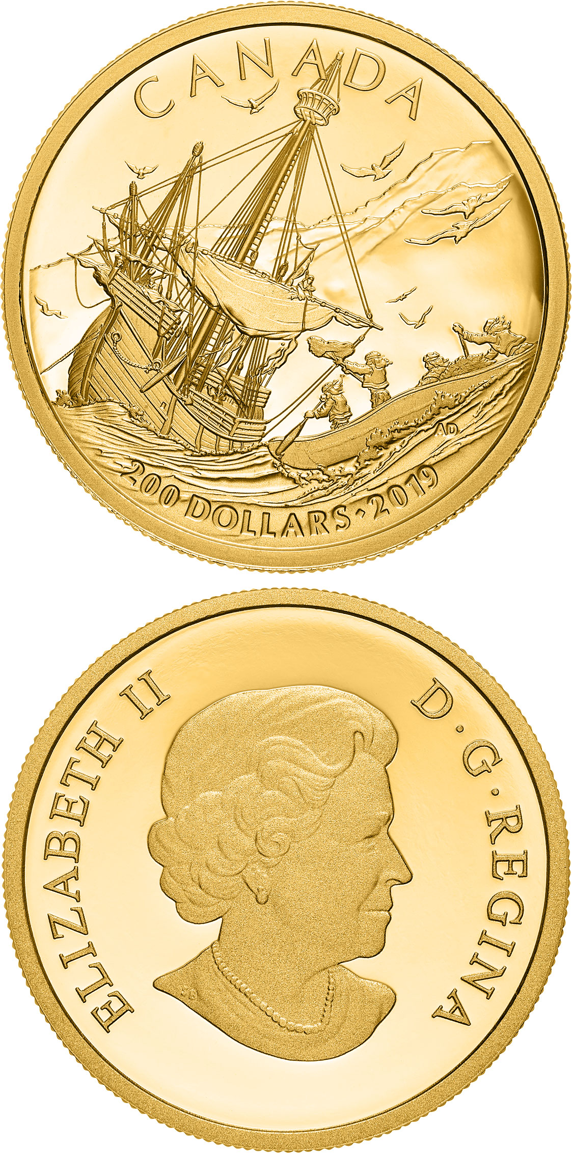 Image of 200 dollars coin - Arrival of the Europeans | Canada 2019.  The Gold coin is of Proof quality.