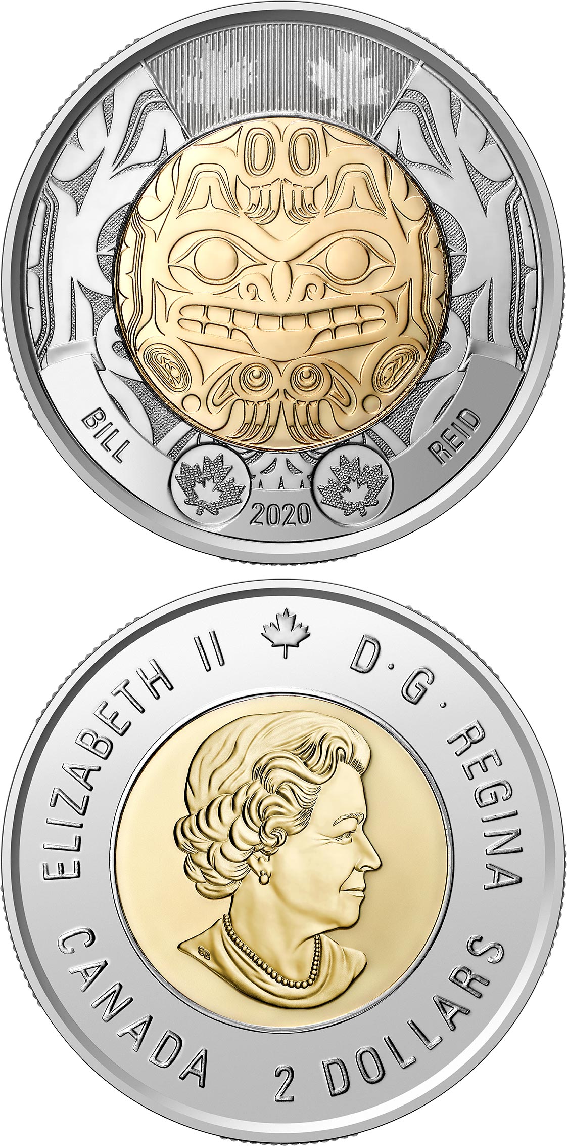Image of 2 dollars coin - Bill Reid | Canada 2020.  The Bimetal: CuNi, nordic gold coin is of UNC quality.
