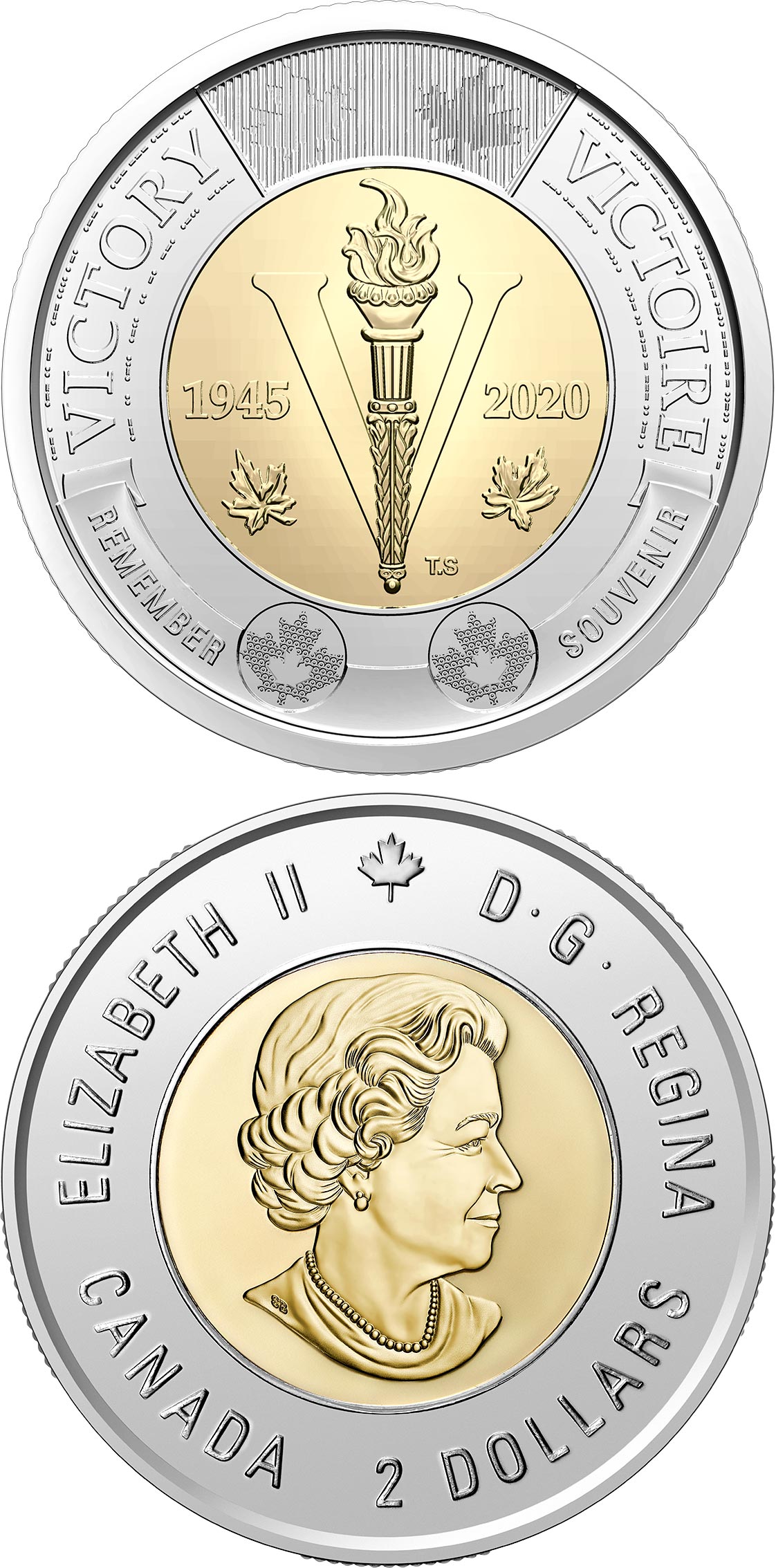 Image of 2 dollars coin - 75th Anniversary of the End of the Second World War | Canada 2020.  The Bimetal: CuNi, nordic gold coin is of UNC quality.