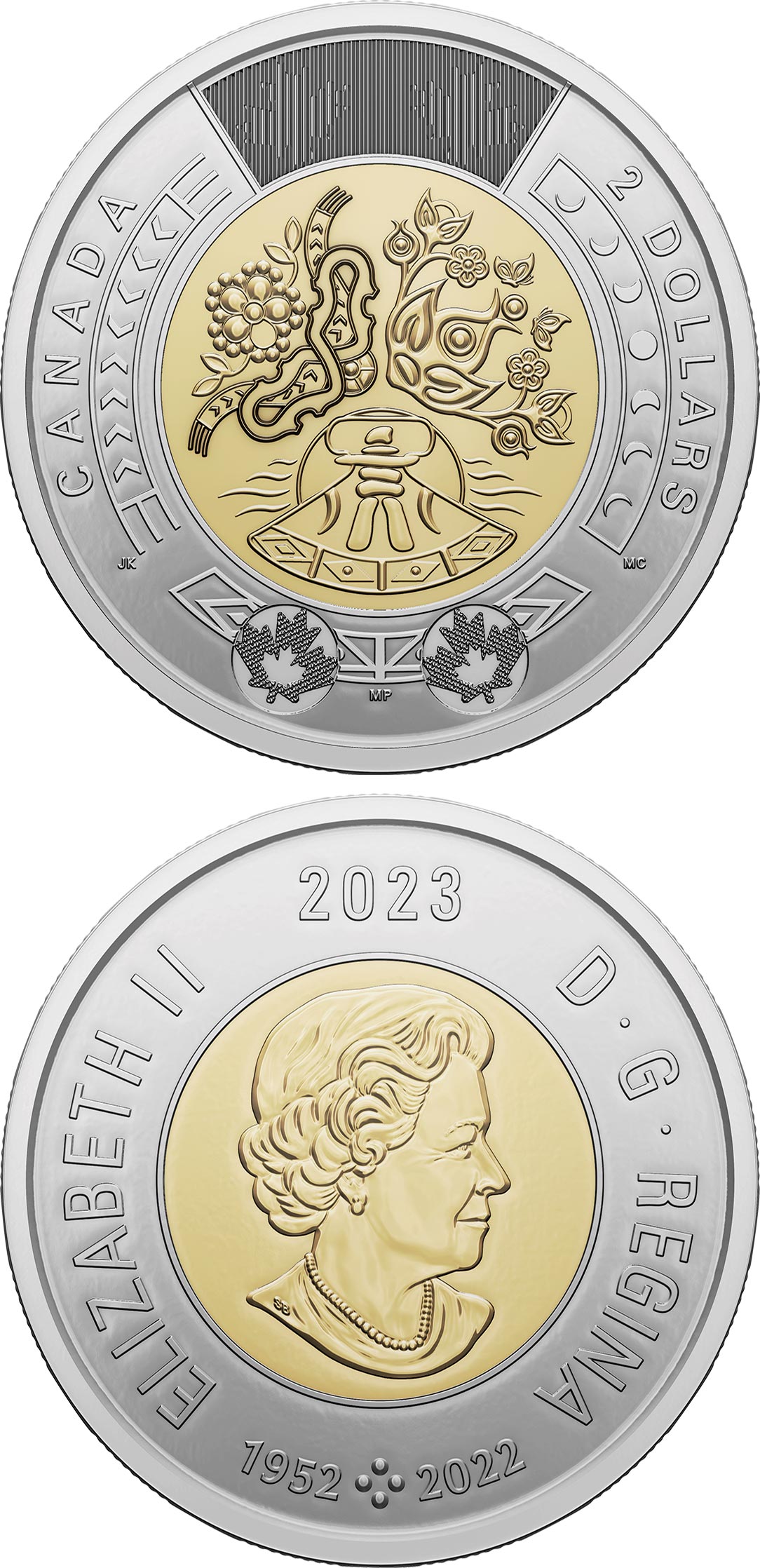 Image of 2 dollars coin - National Indigenous Peoples Day | Canada 2023.  The Bimetal: CuNi, nordic gold coin is of UNC quality.