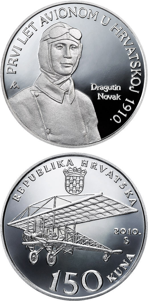 Image of 150 kuna coin - 100th Anniversary of Aviation in Croatia | Croatia 2010.  The Silver coin is of Proof quality.
