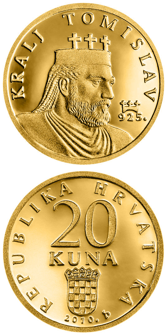 Image of 20 kuna coin - King Tomislav  | Croatia 2010.  The Gold coin is of Proof quality.