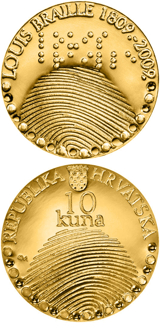 Image of 10 kuna coin - 200th birth anniversary of Louis Braille  | Croatia 2010.  The Gold coin is of Proof quality.