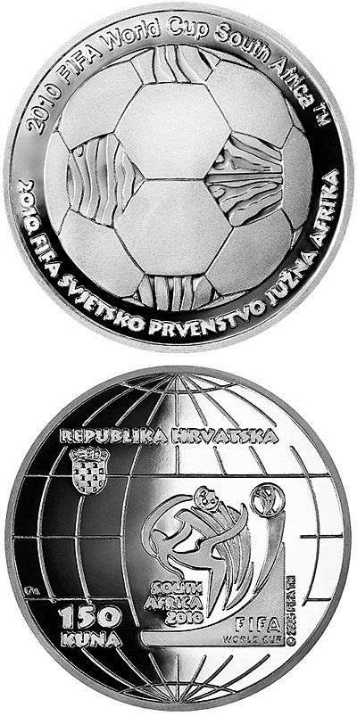 Image of 150 kuna coin - 2010 World Cup in South Africa  | Croatia 2010.  The Silver coin is of Proof quality.