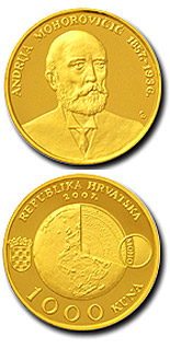 Image of 1000 kuna coin - 150th birth anniversary of Andrija Mohorovičić  | Croatia 2008.  The Gold coin is of Proof quality.