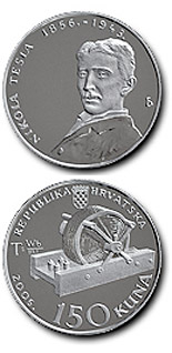 Image of 150 kuna coin - 150th birth anniversary of Nikola Tesla  | Croatia 2006.  The Silver coin is of Proof quality.