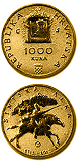 Image of 1000 kuna coin - 300th anniversary of the Alka Tournament of Sinj (Sinjska alka) | Croatia 2015.  The Gold coin is of Proof quality.