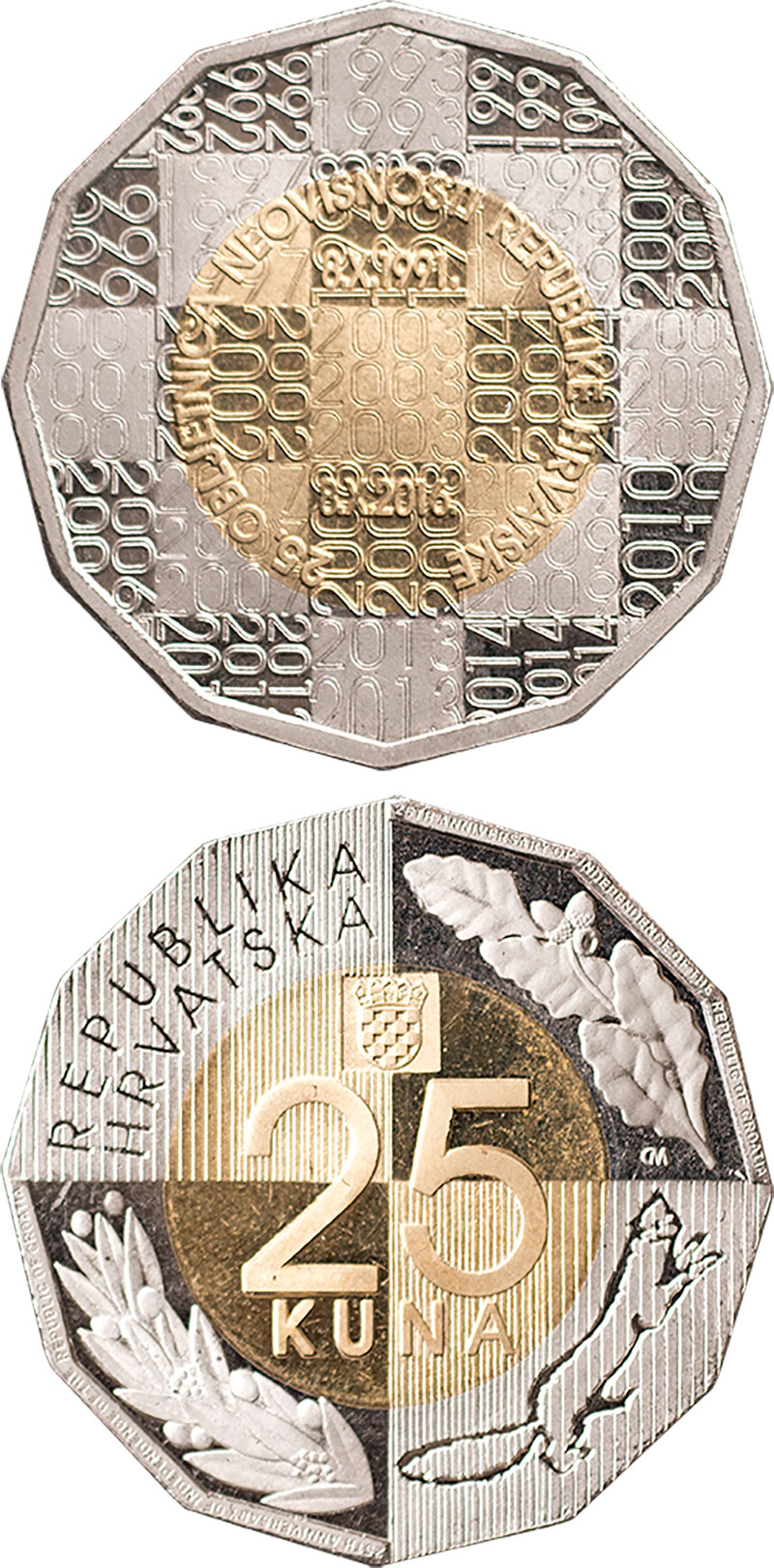 Image of 25 kuna coin - 25th Anniversary of Independence of the Republic of Croatia | Croatia 2016.  The Copper–Nickel (CuNi) coin is of BU quality.