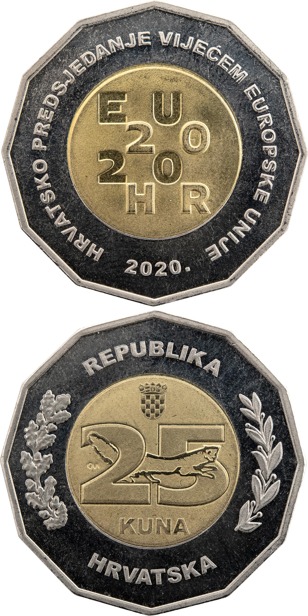 Image of 25 kuna coin - Croatian Presidency of the Council of the European Union 2020 | Croatia 2020.  The Copper–Nickel (CuNi) coin is of BU quality.