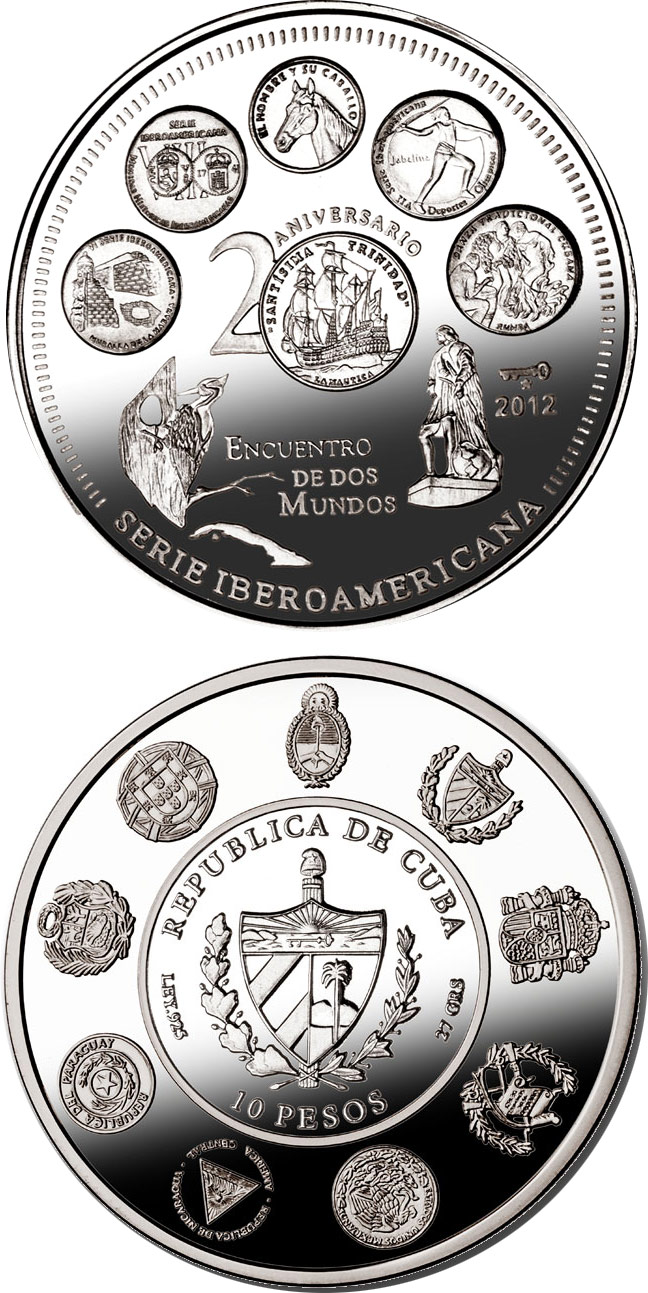 Image of 10 pesos coin - 20th Anniversary of the Ibero-American Series | Cuba 2012.  The Silver coin is of Proof quality.