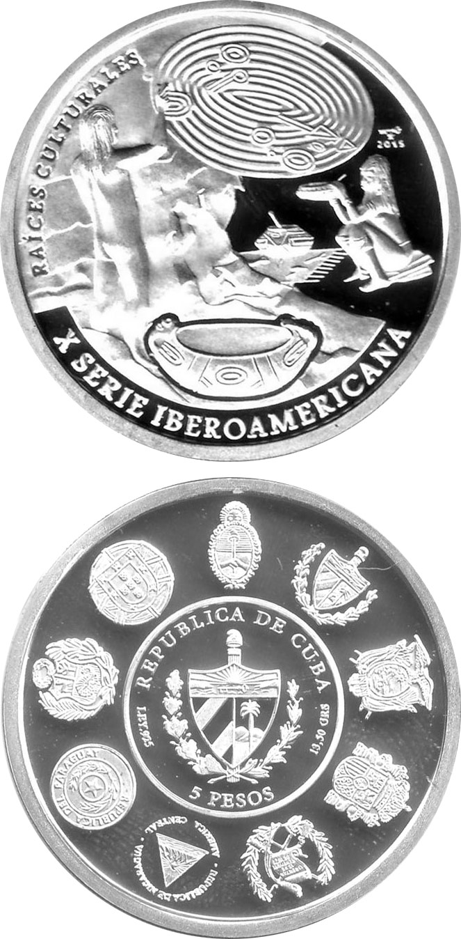 Image of 10 pesos coin - Cultural Roots - Cave Paintings and the Pottery | Cuba 2015.  The Silver coin is of Proof quality.