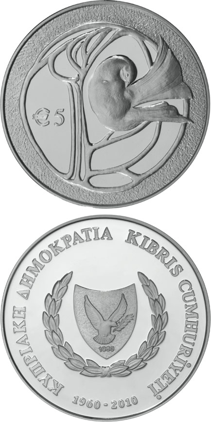Image of 5 euro coin - 50th anniversary of the Republic of Cyprus | Cyprus 2010.  The Silver coin is of Proof quality.