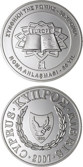 Image of 1 pound coin - Treaty of Rome | Cyprus 2007.  The Silver coin is of Proof quality.