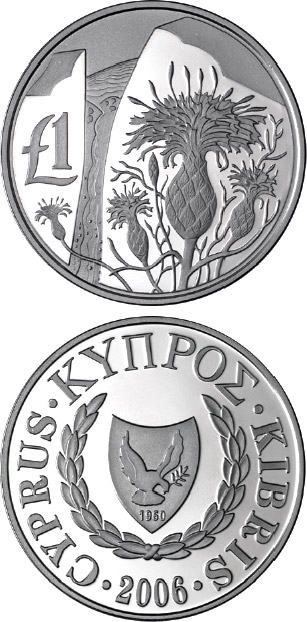 Image of 1 pound coin - Cyprus wildlife: centaurea akamantis | Cyprus 2006.  The Silver coin is of Proof quality.