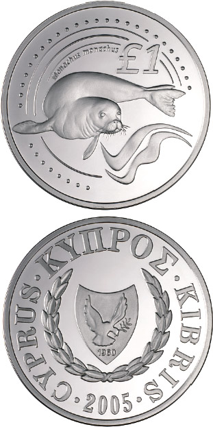 Image of 1 pound coin - Cyprus wildlife: seal - monachus monachus | Cyprus 2005.  The Silver coin is of Proof quality.