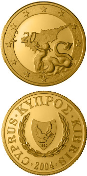 Image of 20 pounds coin - Triton, Cyprus’s accession to the EU | Cyprus 2004.  The Gold coin is of Proof quality.