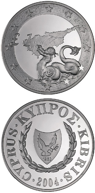 Image of 1 pound coin - Triton, Cyprus’s accession to the EU | Cyprus 2004.  The Silver coin is of Proof quality.