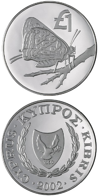Image of 1 pound coin - Cyprus wildlife: Cyprus butterfly (apharitis acamas cypriaca) | Cyprus 2002.  The Silver coin is of Proof quality.