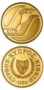 Image of 20 pounds coin - Special Government Fund against AIDS | Cyprus 1994.  The Gold coin is of Proof quality.