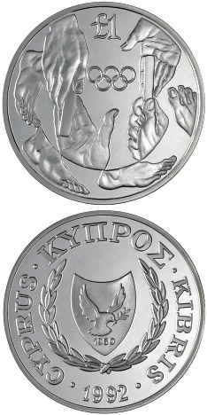 Image of 1 pound coin - Barcelona Olympic Games | Cyprus 1992.  The Silver coin is of Proof quality.