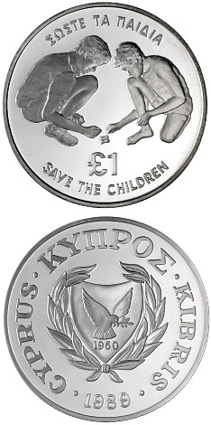 Image of 1 pound coin - 70th Anniversary of the Save the Children Fund | Cyprus 1989.  The Silver coin is of Proof quality.