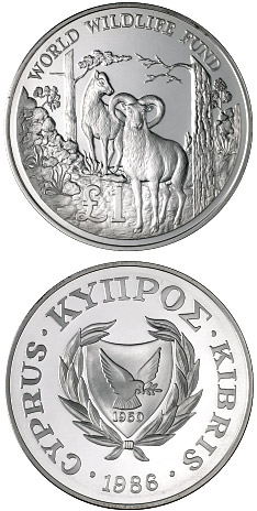 Image of 1 pound coin - 25th Anniversary of the World Wildlife Fund | Cyprus 1986.  The Silver coin is of Proof quality.