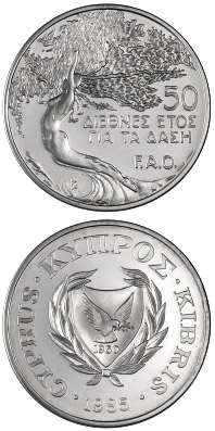 Image of 50 cents coin - International Year of the Forest (F.A.O.) | Cyprus 1985.  The Silver coin is of Proof quality.