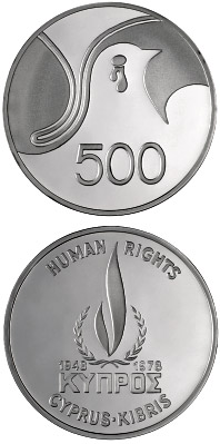 Image of 500 mils  coin - Human Rights | Cyprus 1978.  The Silver coin is of Proof quality.