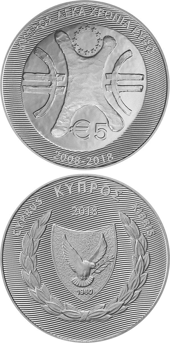 Image of 5 euro coin - Cyprus - 10 Years of the Euro | Cyprus 2018.  The Silver coin is of Proof quality.
