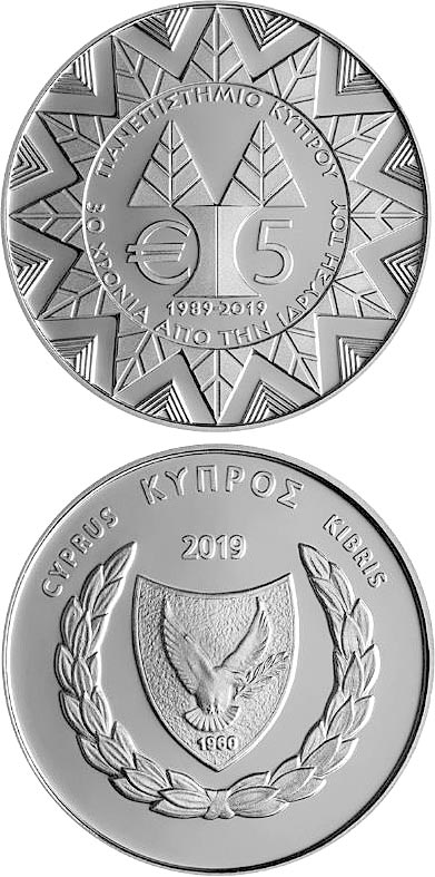 Image of 5 euro coin - 30th Anniversary of the founding of the University of Cyprus | Cyprus 2019.  The Silver coin is of Proof quality.