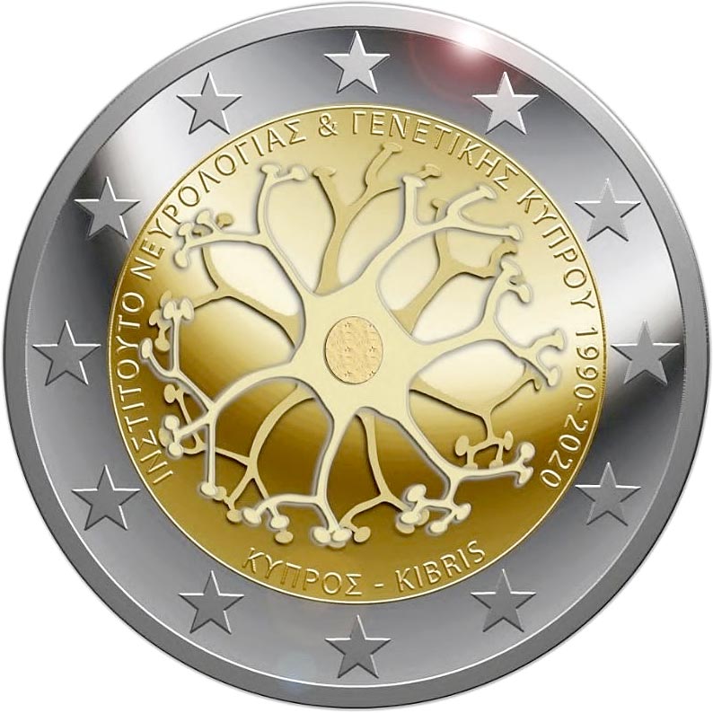 Image of 2 euro coin - 30 Years of the Cyprus Institute of Neurology and Genetics | Cyprus 2020