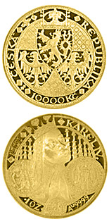 Image of 10000 koruna coin - The founding of Prague´s New Town in 1348  | Czech Republic 1998.  The Gold coin is of Proof, BU quality.