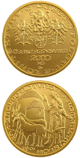 Image of 2500 koruna coin - Romanesque - rotunda in Znojmo | Czech Republic 2001.  The Gold coin is of Proof, BU quality.