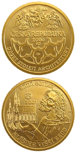 Image of 2500 koruna coin - Early Gothic - monastery in Vyšší Brod | Czech Republic 2001.  The Gold coin is of Proof, BU quality.