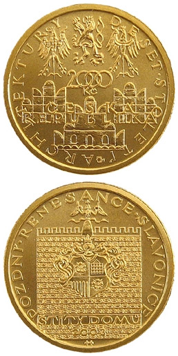 Image of 2500 koruna coin - Late Renaissance - house gables in Slavonice | Czech Republic 2003.  The Gold coin is of Proof, BU quality.