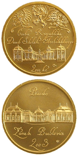 Image of 2500 koruna coin - Baroque - castle Buchlovice | Czech Republic 2003.  The Gold coin is of Proof, BU quality.
