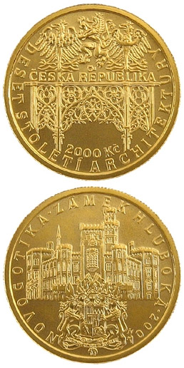 Image of 2500 koruna coin - Neo-Gothic - Hluboká Castle | Czech Republic 2004.  The Gold coin is of Proof, BU quality.