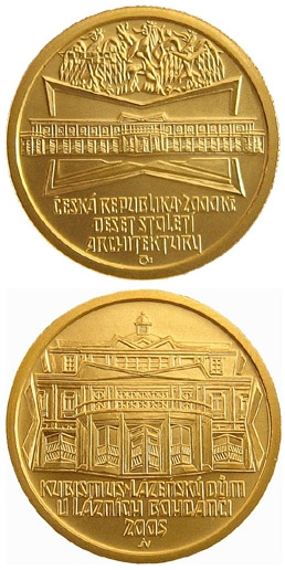 Image of 2500 koruna coin - Cubism - spa building in Lázně Bohdaneč | Czech Republic 2005.  The Gold coin is of Proof, BU quality.